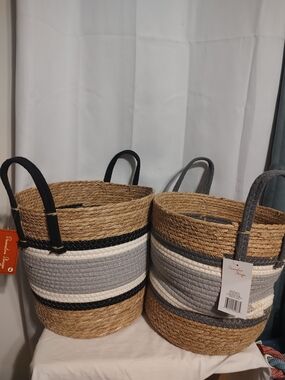 Source Unknown Woven Jute Storage Baskets with Gray, Black and Natural Stripes